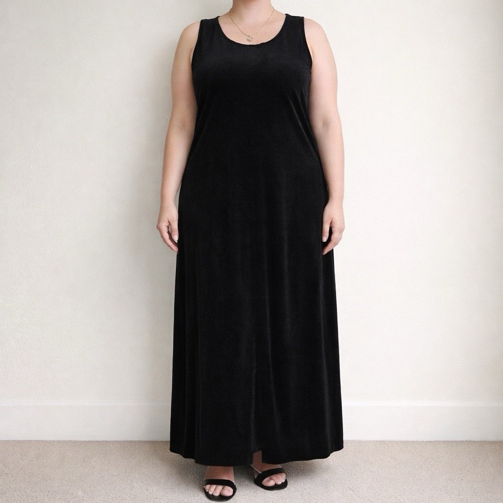 Vikki Vi Black Slinky Knit Sleeveless Maxi Dress 1X Plus Stretch USA Minimalist